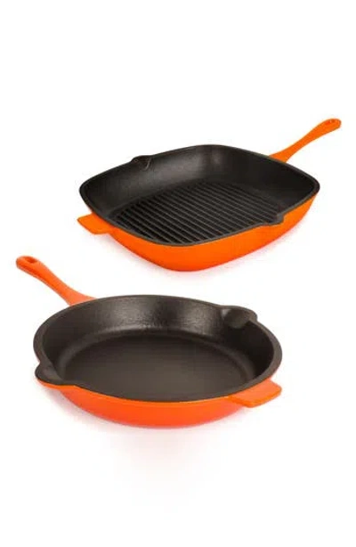 Berghoff Neo 2-piece Cast Iron Fry Pan & Grill Pan Set In Orange