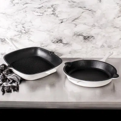 Berghoff Neo 2 Piece Cast Iron Set, 10" Fry Pan And 11" Grill Pan, White