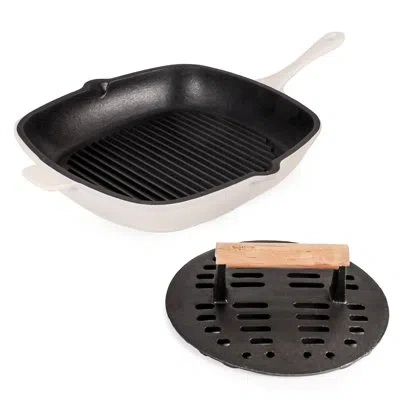Berghoff Neo 2pc Cast Iron Set: 11" Grill Pan & With Slotted Steak Press, Oyster In Meringue