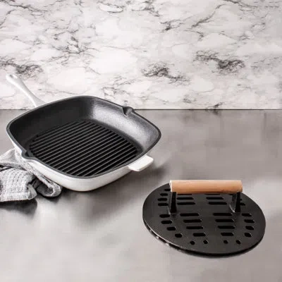 Berghoff Neo 2pc Cast Iron Set: 11" Grill Pan & With Slotted Steak Press, White