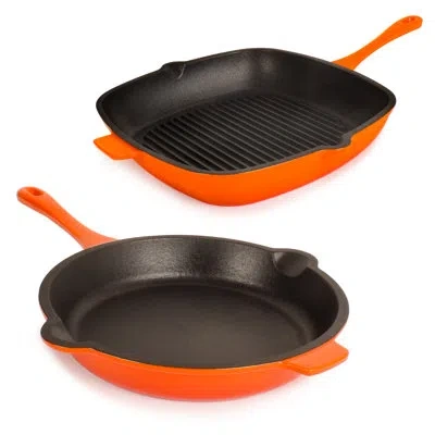 Berghoff Neo 2pc Orange Enamel On Cast Iron Cookware Set With 10" Fry Pan And 11" Grill Pan