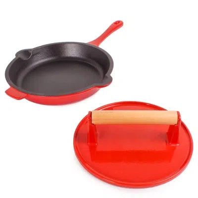 Berghoff Neo 2pc Red Enamel Cast Iron Cookware Set With 10" Fry Pan And Steak Press