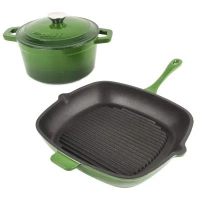 Berghoff Neo 3pc Cast Iron Cookware Set, Grill Pan & Round Dutch Oven In Green