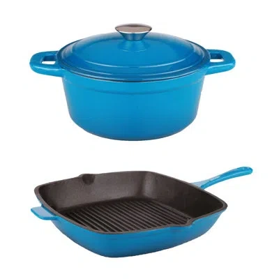 Berghoff Neo 3pc Cast Iron Cookware Set With 11" Grill Pan And 3qt. Covered Dutch Oven In Blue