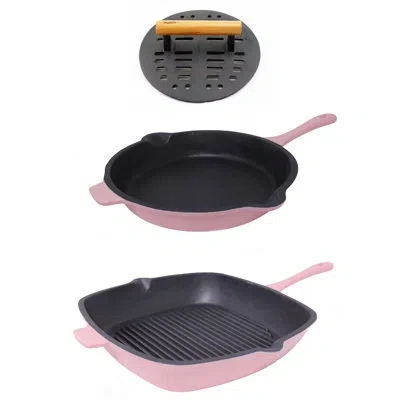 Berghoff Neo 3pc Cast Iron Set: Fry Pan, Grill Pan & Slotted Steak Press In Oyster