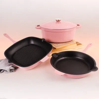Berghoff Neo 4 Pc Cast Iron Cookware Set With Fry Pan, Grill Pan, And 5qt. Covered Dutch Oven In Pink