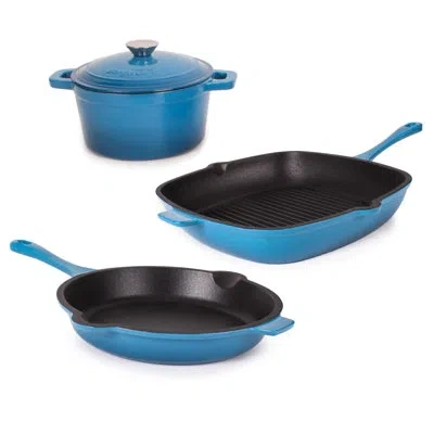 Berghoff Neo 4pc Cast Iron Set Grill Pan, Fry Pan & 3qt Dutch Oven In Blue