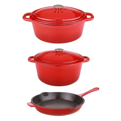 Berghoff Neo 5pc Cast Iron Set With 5qt. And 8qt. Covered Dutch Ovens And 10" Fry Pan, Red
