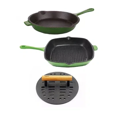 Berghoff Neo Cast Iron 3-pc. Grill Pan And Slotted Steak Press In Green