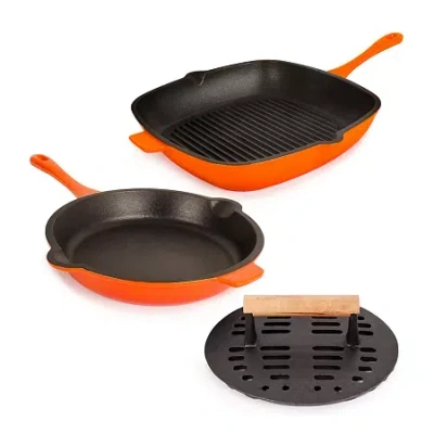 Berghoff Neo Cast Iron 3-pc. Grill Pan And Slotted Steak Press In Orange