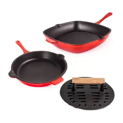 Berghoff Neo Cast Iron 3-pc. Grill Pan And Slotted Steak Press In Red