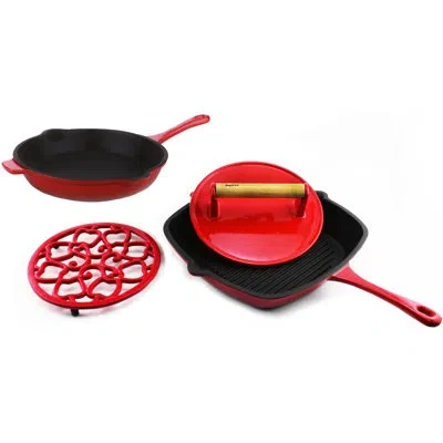Berghoff Neo Cast Iron 4pc Set: Grill Pan, Fry Pan, Steak Press And Trivet, Red In Multi