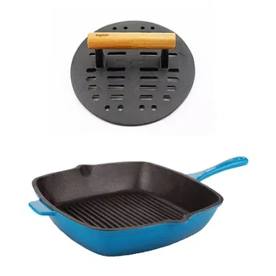Berghoff Neo Cast Iron Grill Pan And Slotted Steak Press Set In Blue