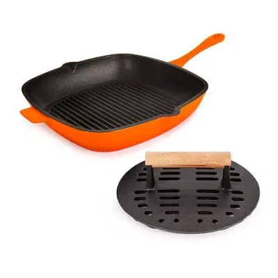 Berghoff Neo Cast Iron Grill Pan And Slotted Steak Press Set In Orange