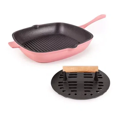 Berghoff Neo Cast Iron Grill Pan And Slotted Steak Press Set In Pink