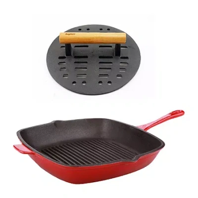 Berghoff Neo Cast Iron Grill Pan And Slotted Steak Press Set In Red