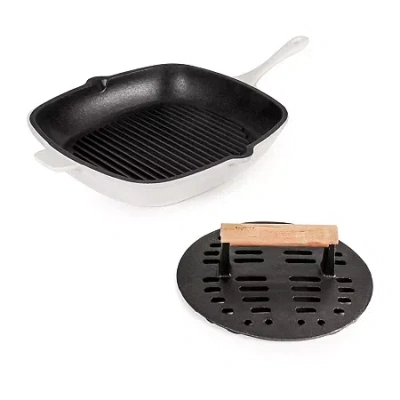 Berghoff Neo Cast Iron Grill Pan And Slotted Steak Press Set In White