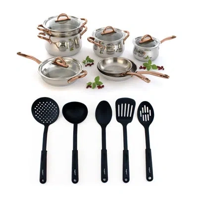 Berghoff Ouro Gold 16pc 18/10 Stainless Steel Cookware Set With 5pc Nylon Tool Set, Glass Lids In Stainless Steel;copper