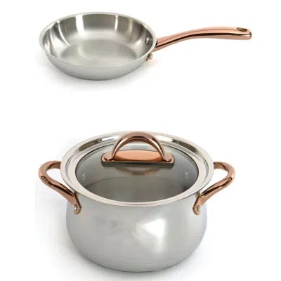 Berghoff Ouro Gold 3pc 18/10 Stainless Steel Cookware Set, Glass Lids, Rose Gold Handles In Silver