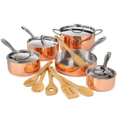 Berghoff Vintage 15pc Polished Copper Tri-ply Cookware Set With Bamboo Cooking Utensils In Stainless Steel;copper;brown