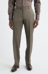 Berle Covert Flat Front Wool Twill Dress Pants In Brown