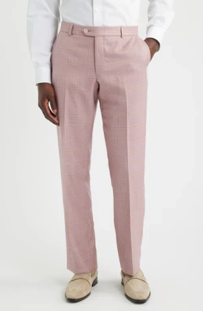 Berle Flat Front Check Wool & Linen Blend Dress Pants In Pink
