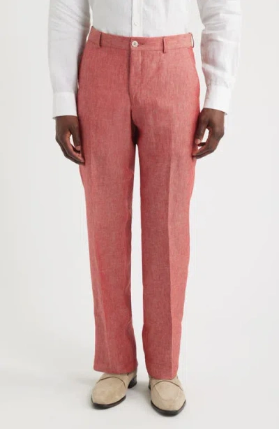 Berle Flat Front Slub Linen Chambray Dress Pants In Pink