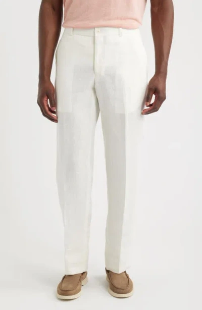 Berle Flat Front Slub Linen Chambray Dress Pants In White