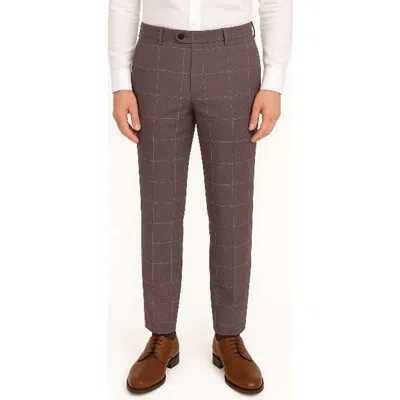 Berle Lightweight Windowpane Check Flat Front Mesh Weave Wool Dress Pants In Brown