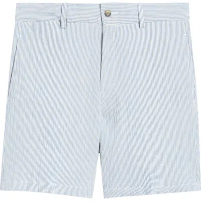 Berle Linen Look Stripe Flat Front Cotton Seersucker Shorts In Blue