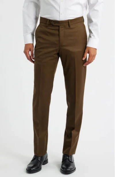 Berle Slim Fit Flat Front Charcoal Grey Super 100s Wool Dress Pants In Brown