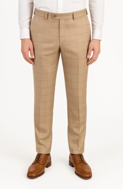 Berle Tan Windowpane Check Flat Front Wool & Silk Blend Dress Pants In Brown