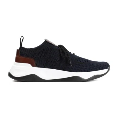 Berluti Breathable Navy Sneakers With Calf Leather Accents In Black