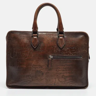 Pre-owned Berluti Brown Scritto Leather Un Jour Briefcase