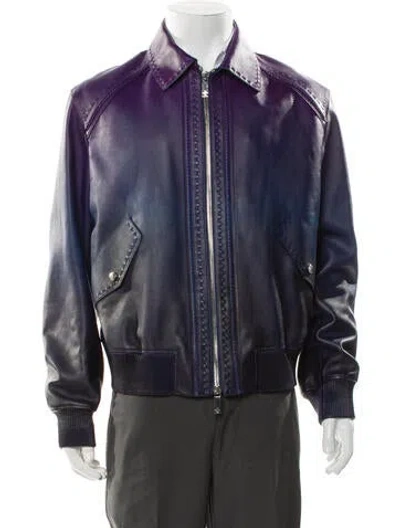Pre-owned Berluti Calfskin Colorblock Pattern Moto Jacket In Purple