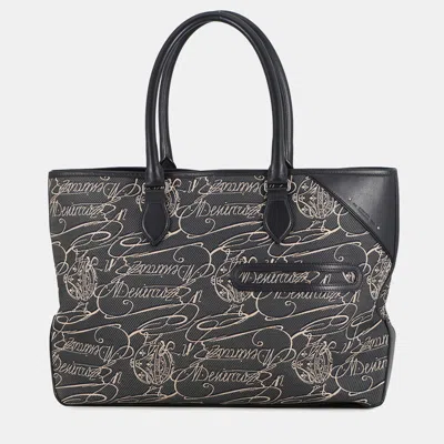 Pre-owned Berluti Calligraphy Tote Bag Green/navy Leather Canvas