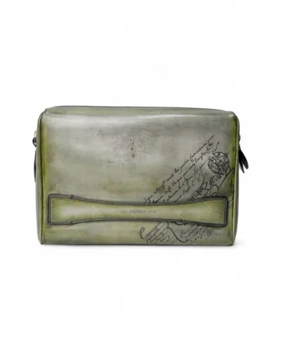 Berluti Clutch Tersio Scritto Leather Pouch Green In Grey