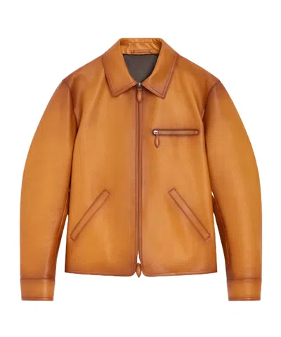 Berluti Distressed Leather Jacket In Brown