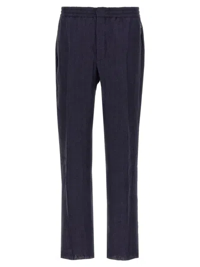 Berluti Herringbone Linen Trousers With Adjustable Waist In Blue