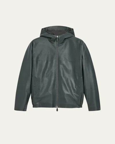 Berluti Men's B-way Scritto Leather Hooded Jacket In Green