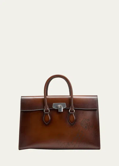 Berluti Men's E'mio Scritto Briefcase Bag In Burgundy