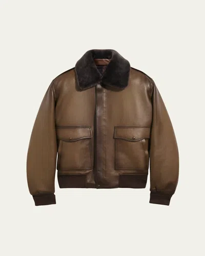 Berluti Men's Leather & Shearling Collar Bomber Jacket In Brown
