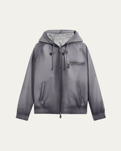 Berluti Men's Patina Leather Full-zip Hoodie In Light Aluminio