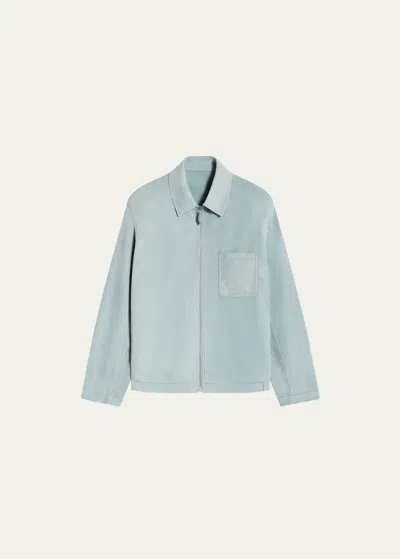 Berluti Men's Suede Overshirt With Scritto Pocket In Pale Blue