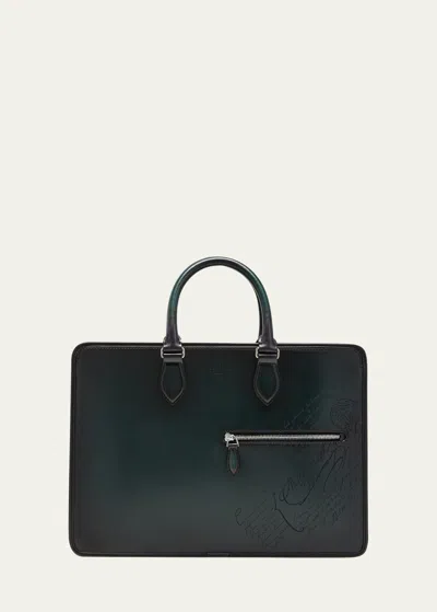 Berluti Men's Un Jour Scritto Leather Briefcase Bag In Opuntia