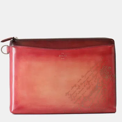 Pre-owned Berluti Nino Gradient Scritto Clutch Bag Bordeaux Venice Calf Leather Size Gm In Red