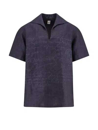 Berluti Embroidered Linen Polo Shirt In Blue