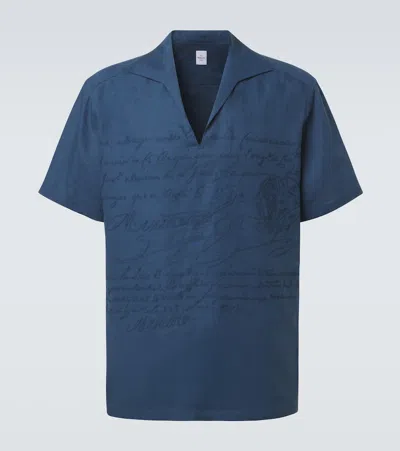 Berluti Scritto Embroidered Linen Shirt In Blue