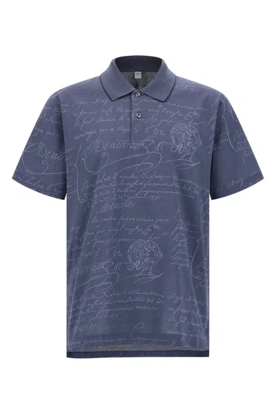 Berluti Printed Polo Shirt With Collar And Slits In Blue