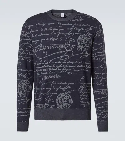Berluti Scritto Wool Sweater In Navy/ Grey Scritto